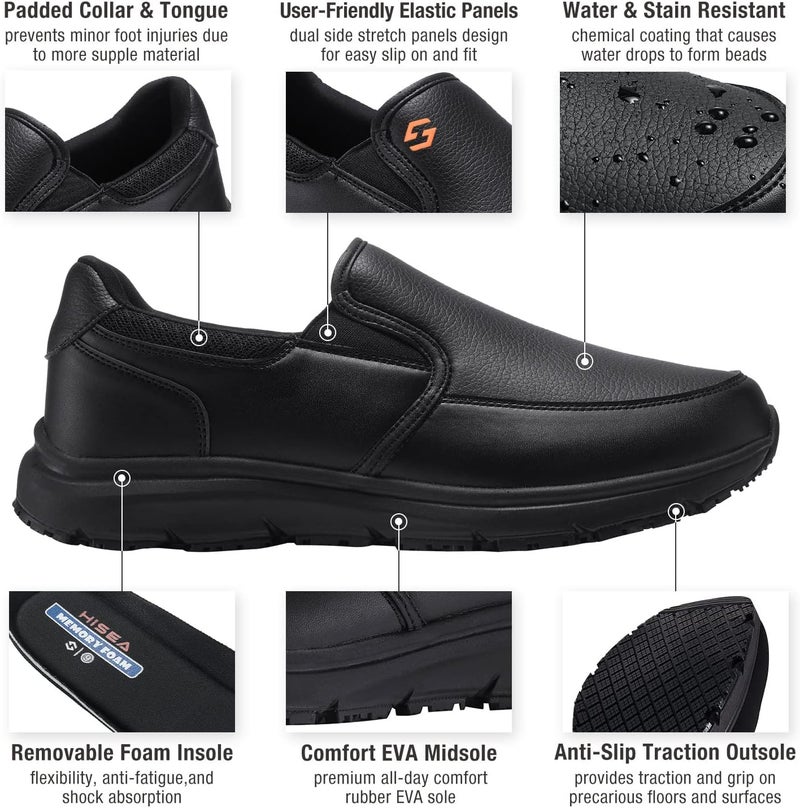 Hisea Non Slip Work Shoes for Men, Water & Oil Resistant Leather Slip on Kitchen Shoes, Comfortable Mens Slip Resistant Chef Shoes for Restaurant Food Service, Lightweight Walking Shoes, Black - Image 2